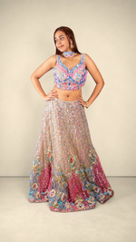 Beige Net Lehenga With Pink Sequin and Mirror Work — view 1