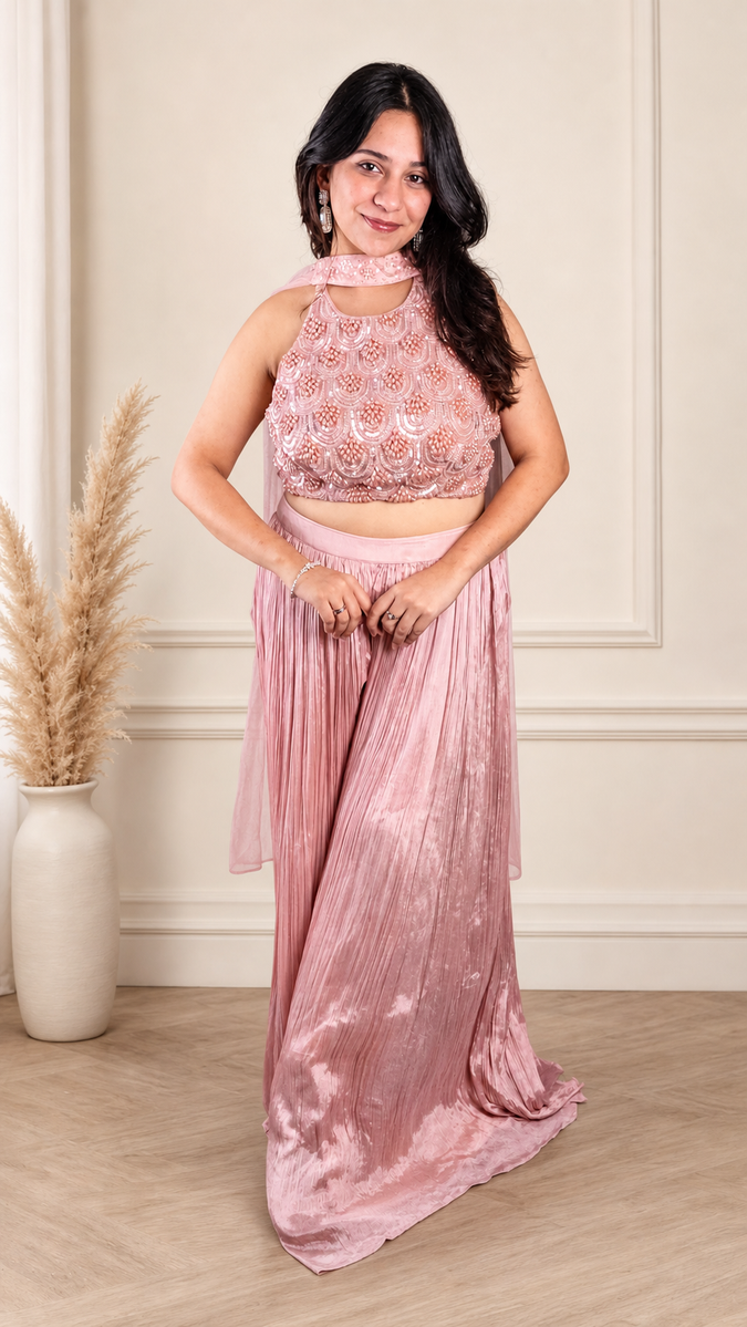 Peach Crepe Skirt Set With Beaded Halter Blouse