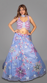 Periwinkle Blue Net Lehenga With Floral Zari Work — view 1
