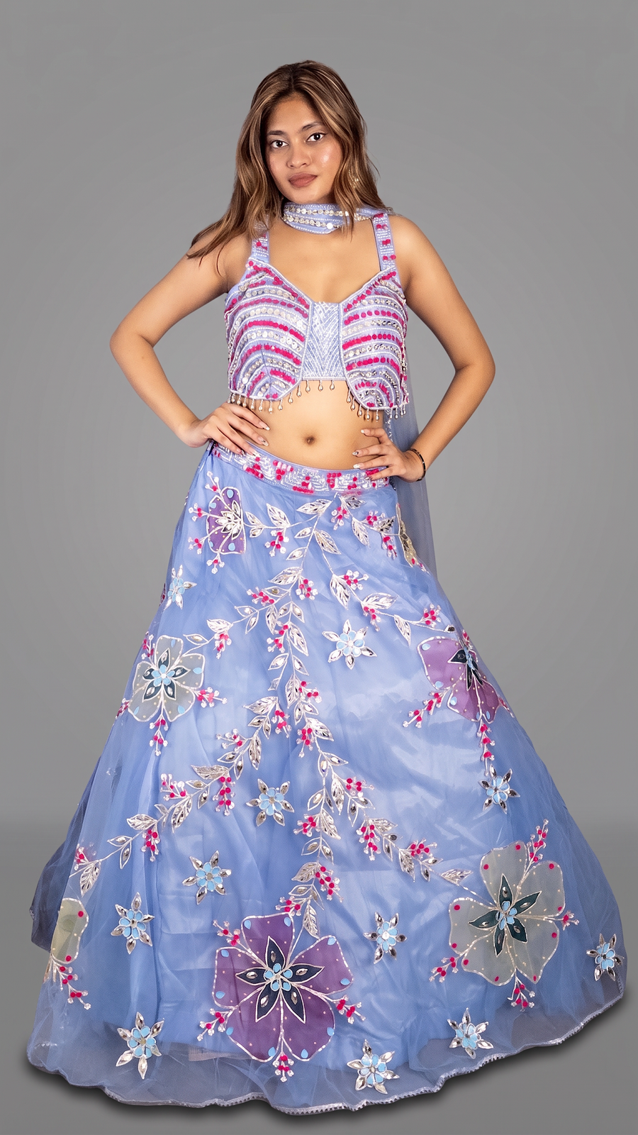 Periwinkle Blue Net Lehenga With Floral Zari Work — front view