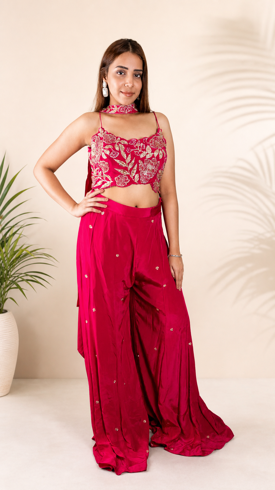 Hot Pink Crepe Palazzo Suit With Zari Pearl Bustier — front view