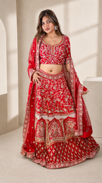 Red Raw Silk Kali Lehenga With Cutdana and Pearls — view 1