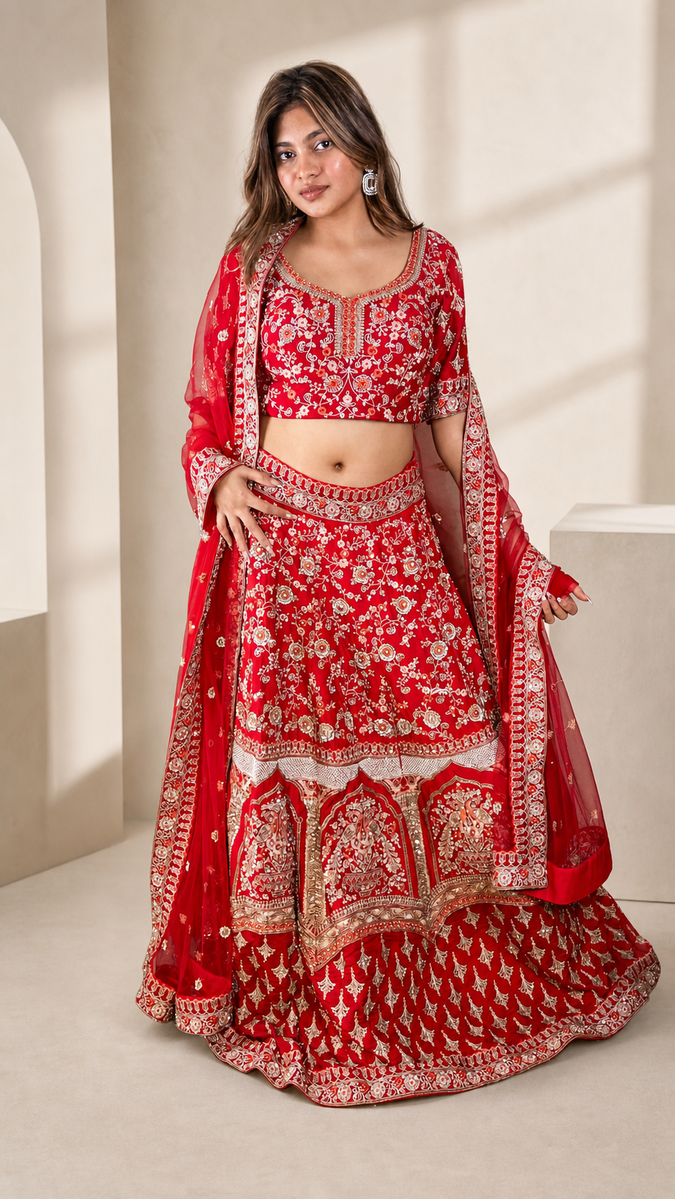 Red Raw Silk Kali Lehenga With Cutdana and Pearls