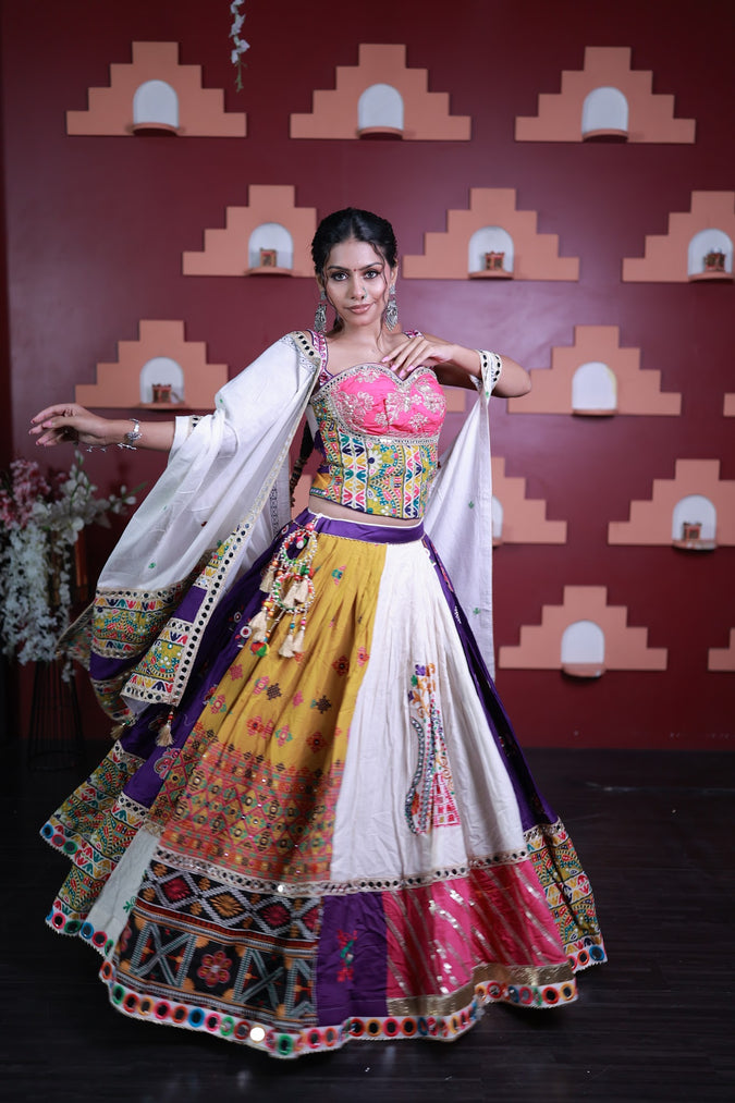 Multi Colour Cotton Kali Lehenga With Mirror Work