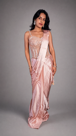 Peach Satin Pre-Draped Saree With Corset Blouse — view 1