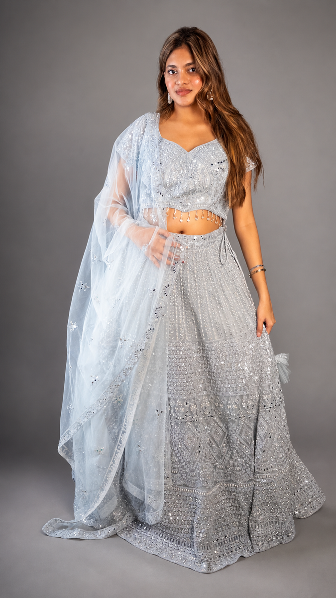 Silver-Grey Cutdana and Mirror Flared Lehenga Set