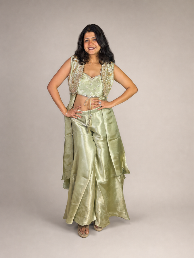 Sage Green Shimmer Tissue Cape and Sharara Set