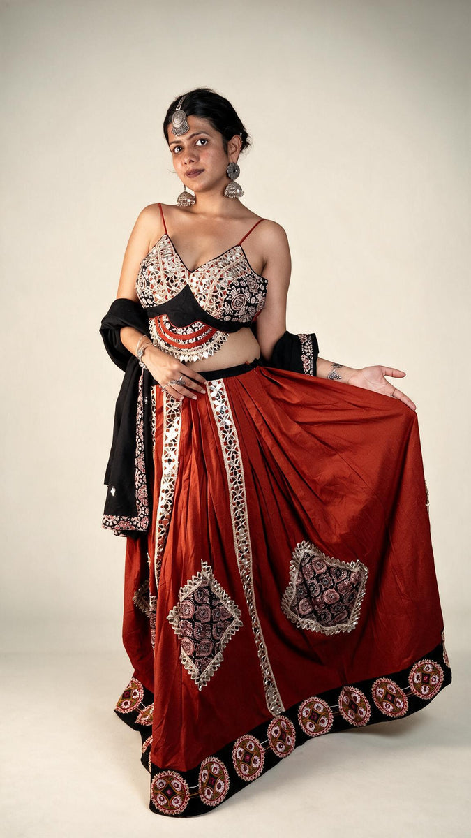 Rust Cotton Flared Kali Lehenga With Mirror Work