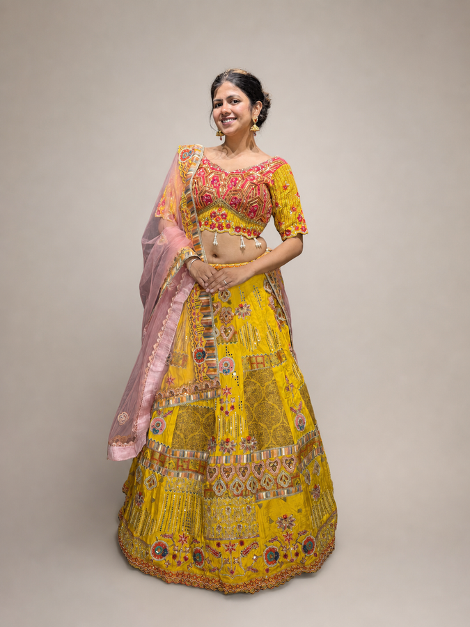 Yellow Silk Flared Kali Lehenga With Mirror Work