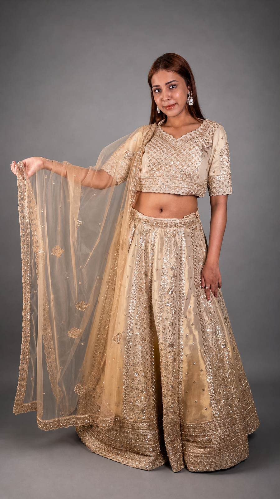 Golden Net Lehenga With Stone and Cutdana Work — front view
