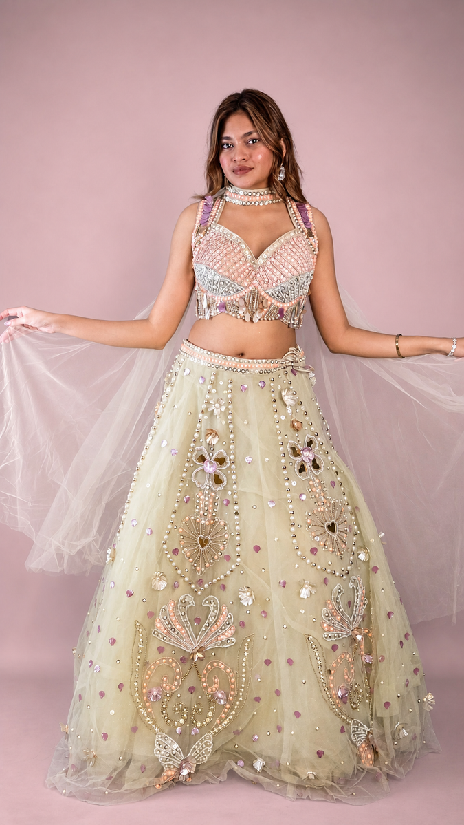 Pista Green Net Lehenga With Pearl and Shell Work