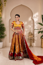 Mustard and Red Cotton Kali Lehenga With Shell Trims — view 1