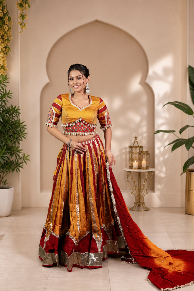 Mustard and Red Cotton Kali Lehenga With Shell Trims