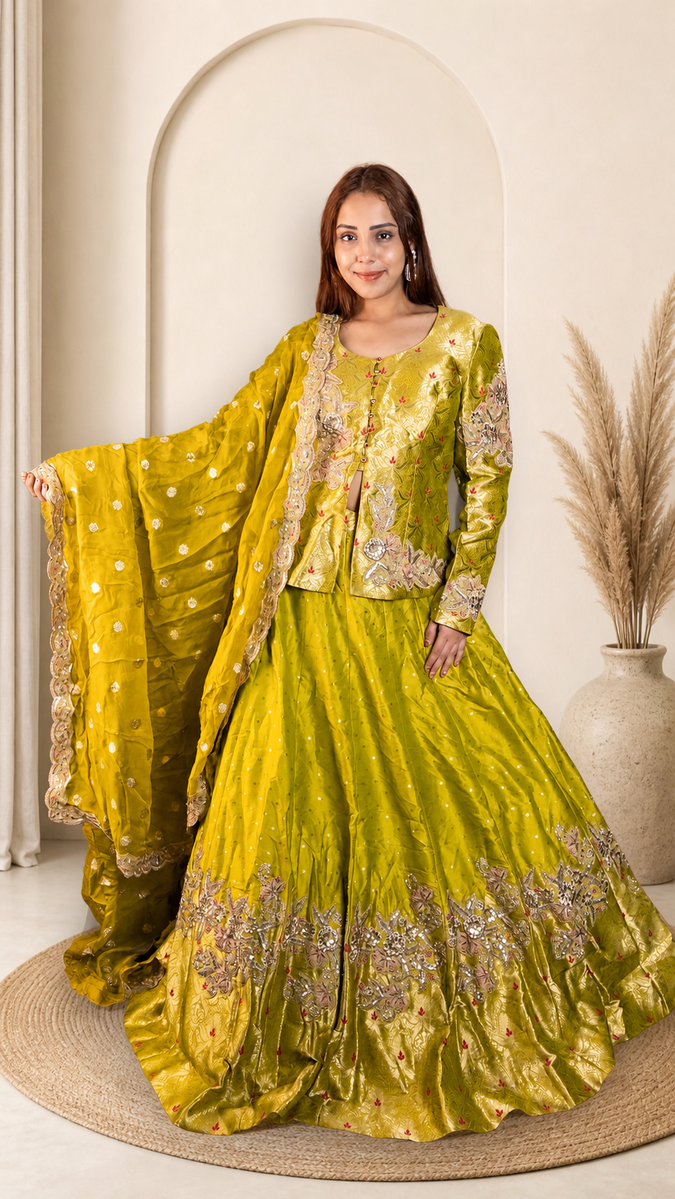 Parrot Green Silk Lehenga With Zari Embroidered Jacket Top