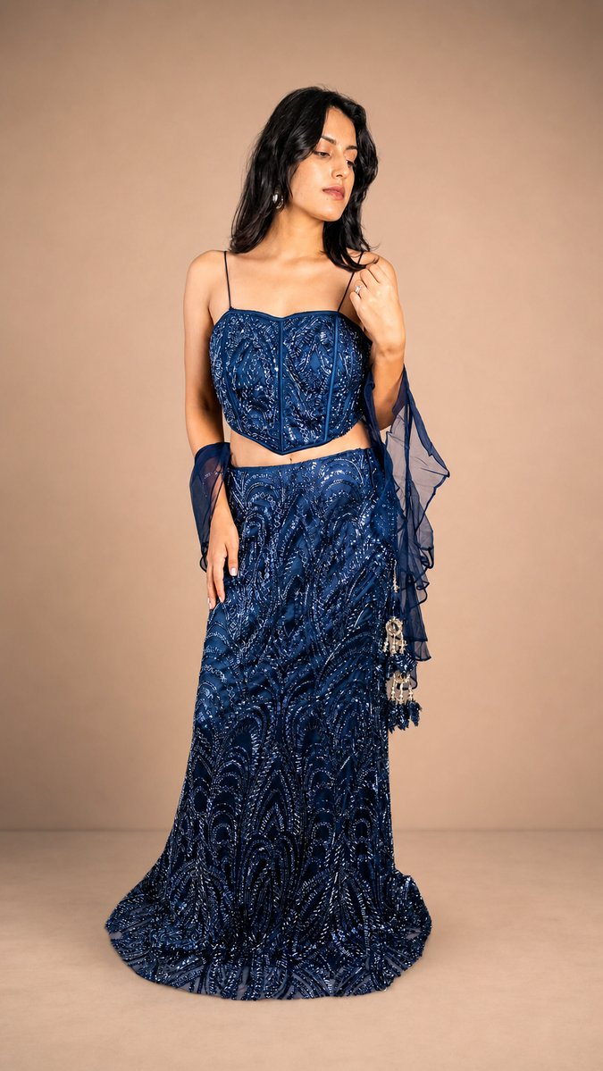 Navy Sequin Corset Lehenga With Organza Drape