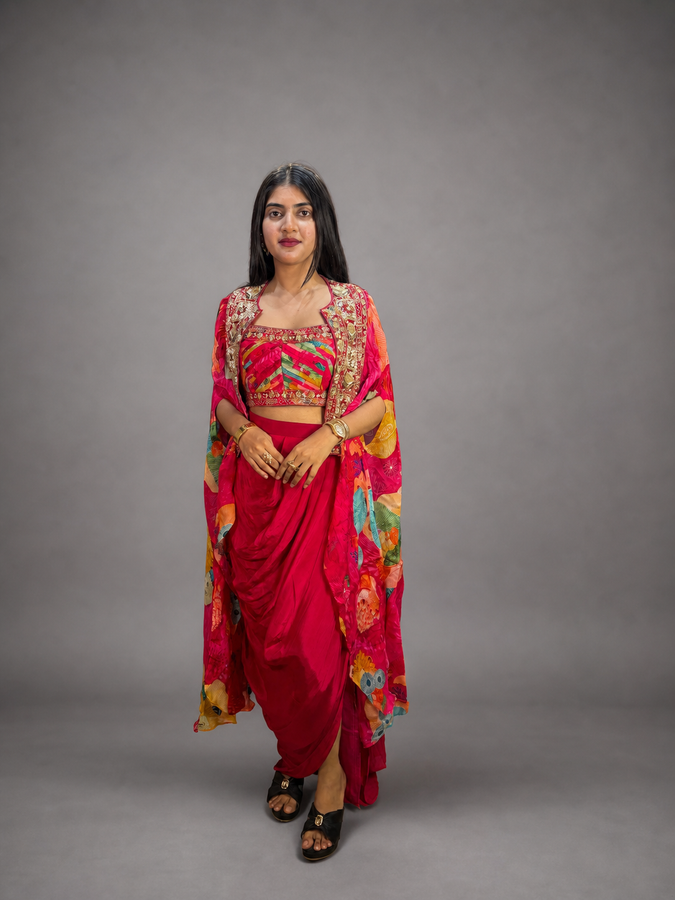 Hot Pink Georgette Draped Skirt Set With Zardozi Jacket