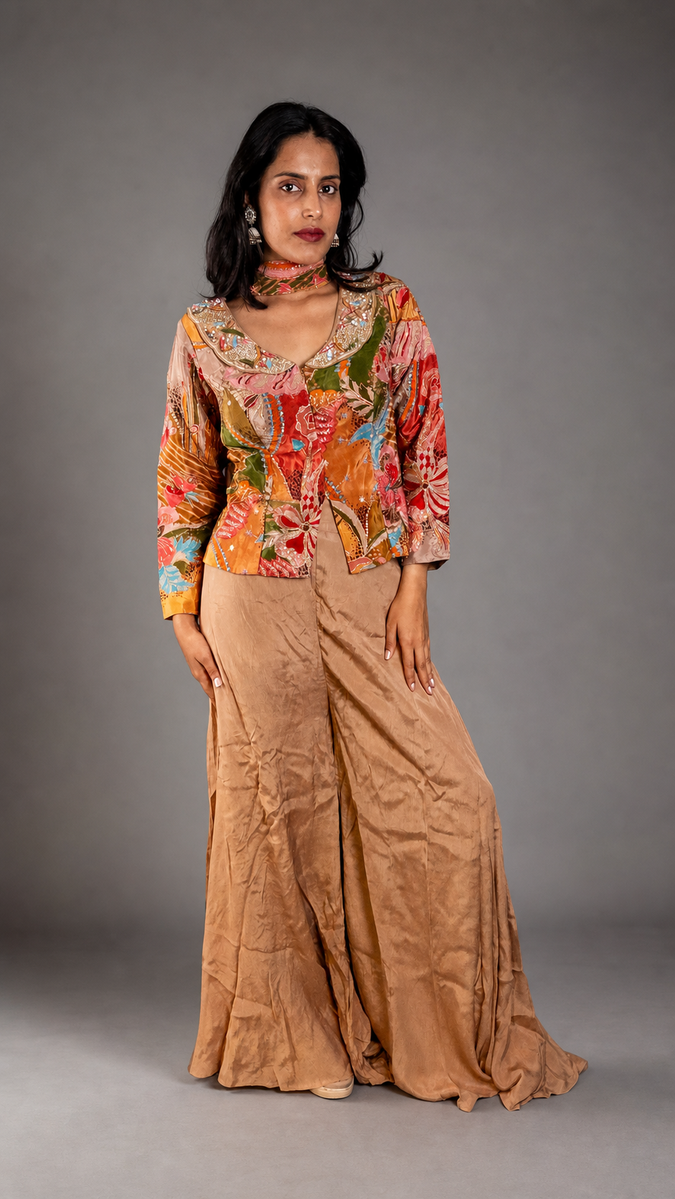 Multicolour Floral Satin Crop Top and Sharara Set