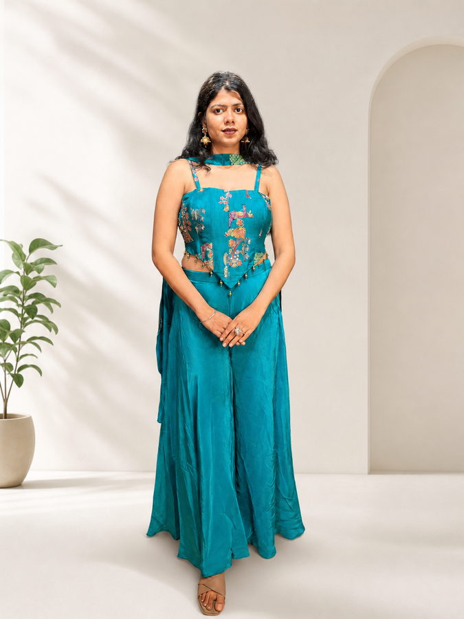 Teal Satin Corset Sharara Set With Bead Embroidery