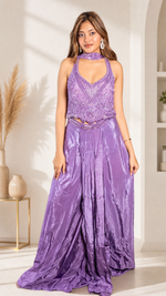 Lilac Crepe Cutdana Halter Set With Draped Dupatta — view 1