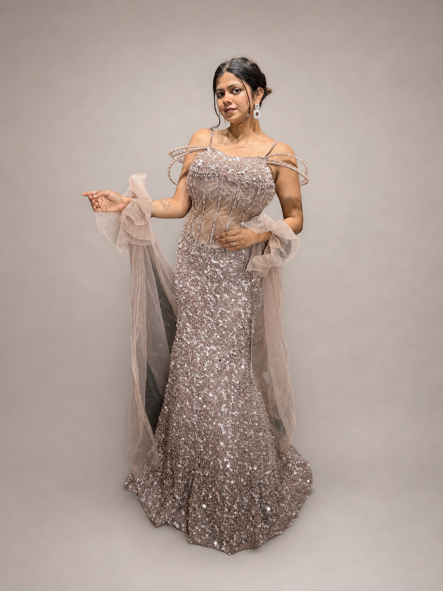Rose Gold Sequin Mermaid Gown With Tulle Drape — front view