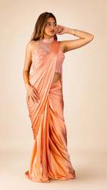 Coral Peach Pre-Draped Saree With Sequin Net Blouse — view 1