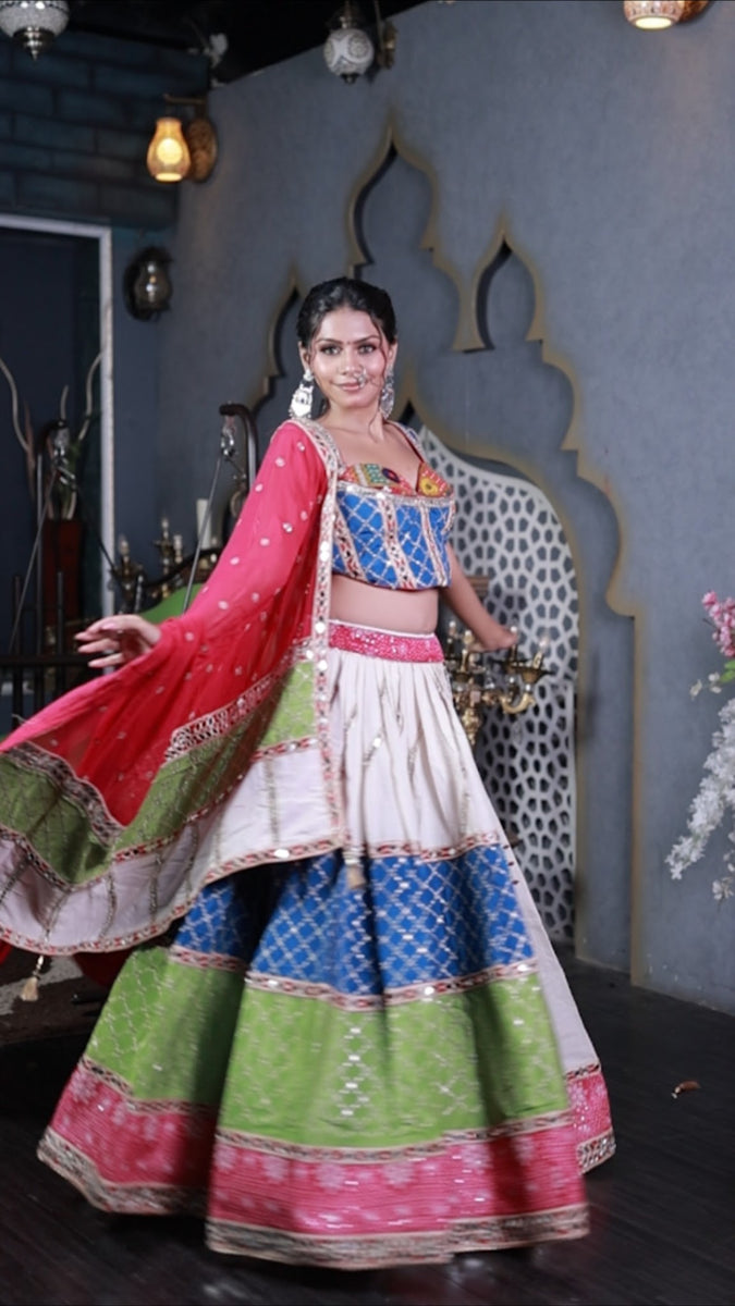White Cotton Flared Lehenga With Mirror and Zari Work