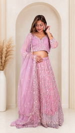 Baby Pink Net Kali Lehenga With Beads and Cutdana — view 1