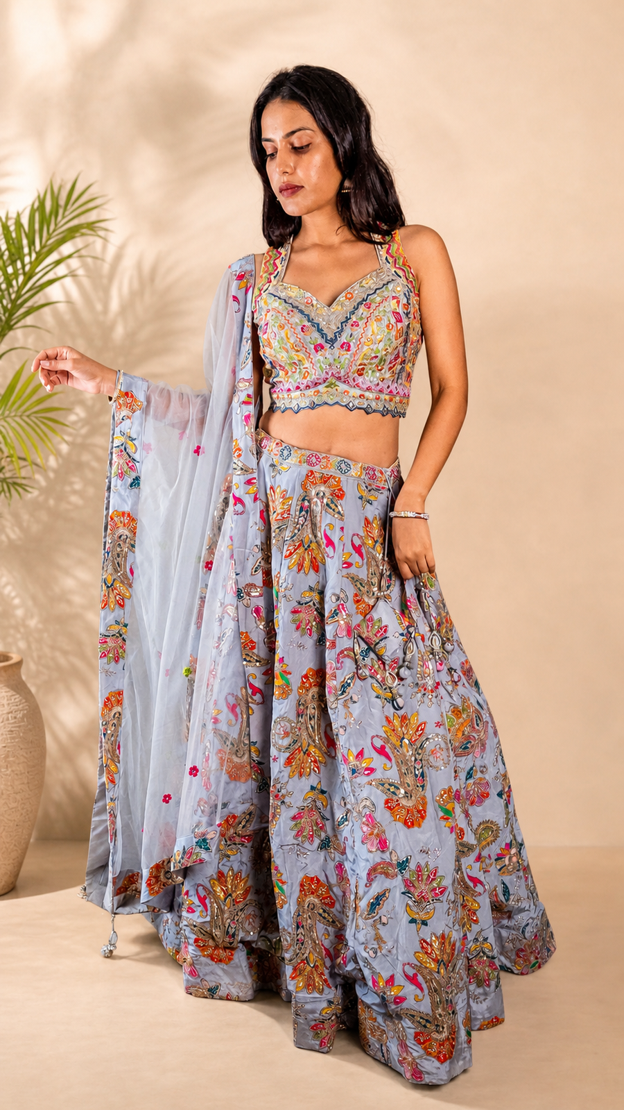 Sky Blue Crape Lehenga With Thread and Zari Work — front view