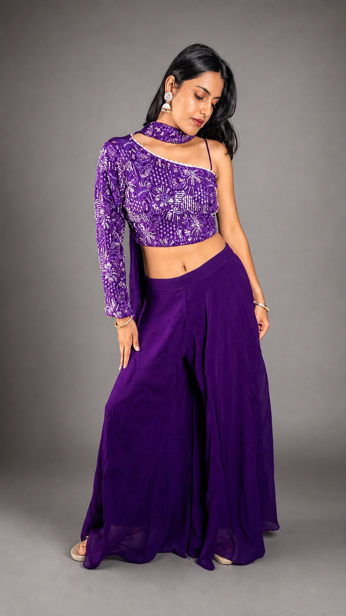Purple Crepe One-Shoulder Palazzo Suit Set