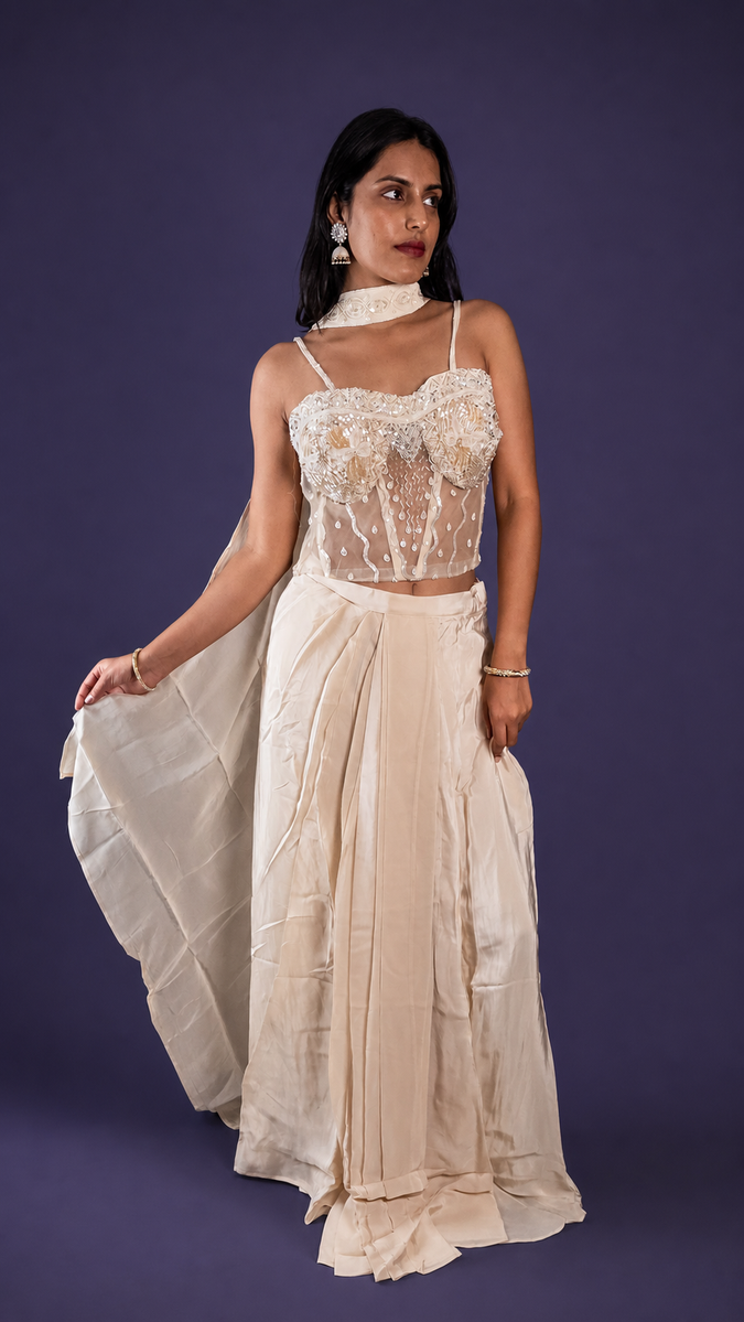White Crepe Corset Blouse and Pleated Skirt Set