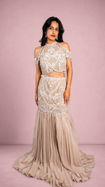 Champagne Georgette Cold-Shoulder Mermaid Skirt Set — view 1