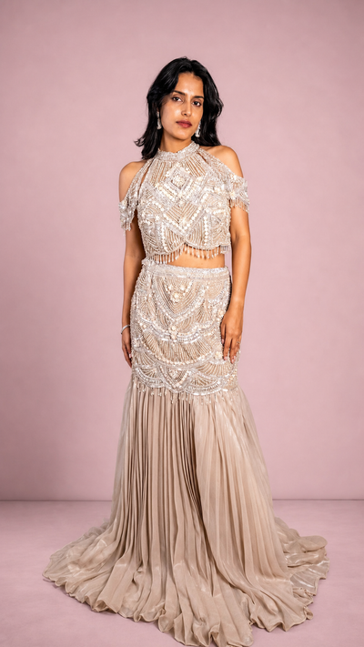 Champagne Georgette Cold-Shoulder Mermaid Skirt Set