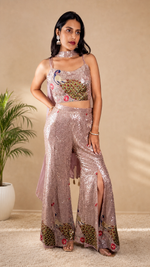 Rose Gold Peacock Embroidered Georgette Sharara Set — view 1