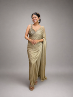 Gold Shimmer Tissue Pre-Draped Saree With Sequin Blouse — view 1
