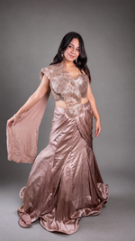 Rose Gold Shimmer Crepe Pre-Draped Mermaid Saree Gown — view 1