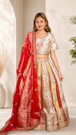 Red and Ivory Brocade Silk Kali Lehenga Set — view 1