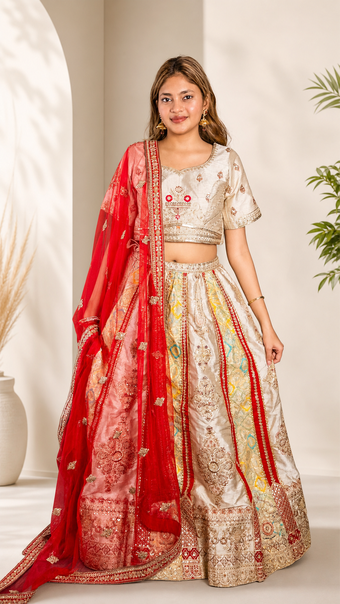 Red and Ivory Brocade Silk Kali Lehenga Set