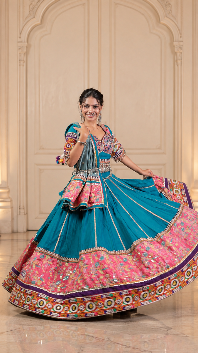 Teal Blue Cotton Kali Lehenga With Mirror Work