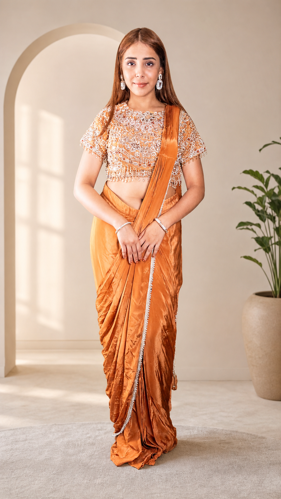 Rust Orange Chinon Pre-Draped Saree With Beaded Blouse — front view