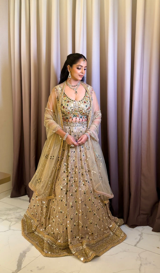 Champagne Net Lehenga With Stone and Mirror Work