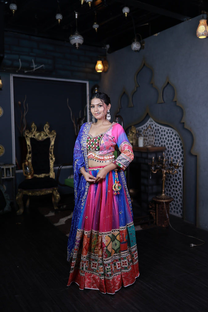 Pink Multicolour Cotton Kali Lehenga With Bandhani Dupatta