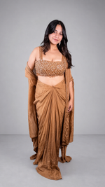 Beige Chenon Dhoti Set With Beaded Sequin Bustier — view 1