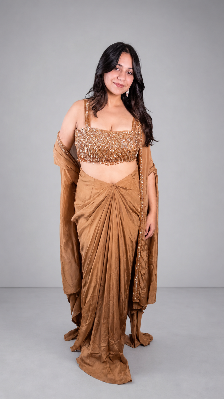 Beige Chenon Dhoti Set With Beaded Sequin Bustier — front view