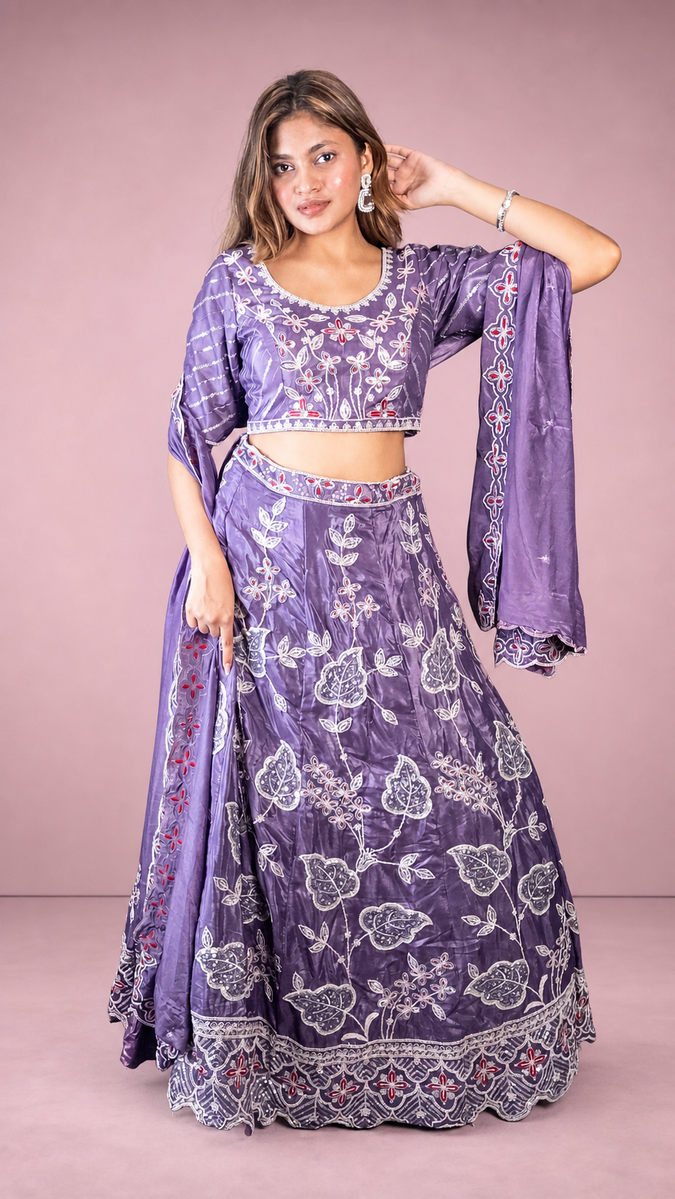 Purple Tissue Shimmer Lehenga With Zari Thread Work