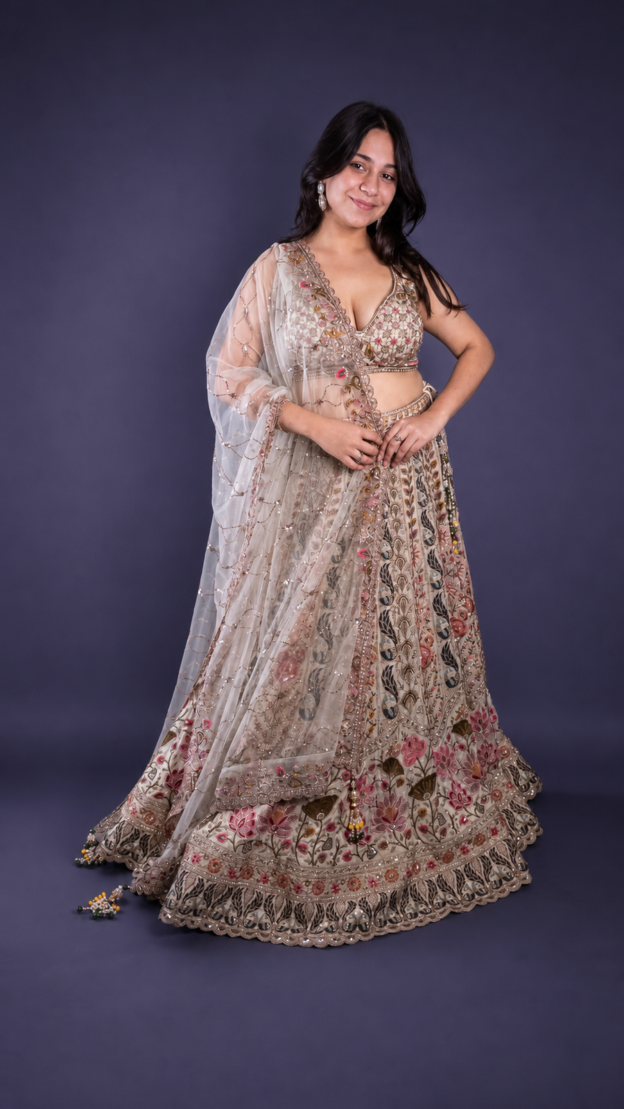 Off-White Shimmer Silk Kali Lehenga With Zari Thread Work — front view