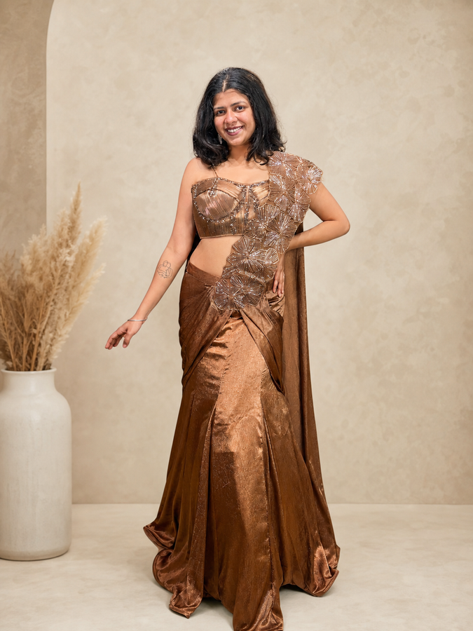 Copper Shimmer Velvet Draped Mermaid Lehenga Set