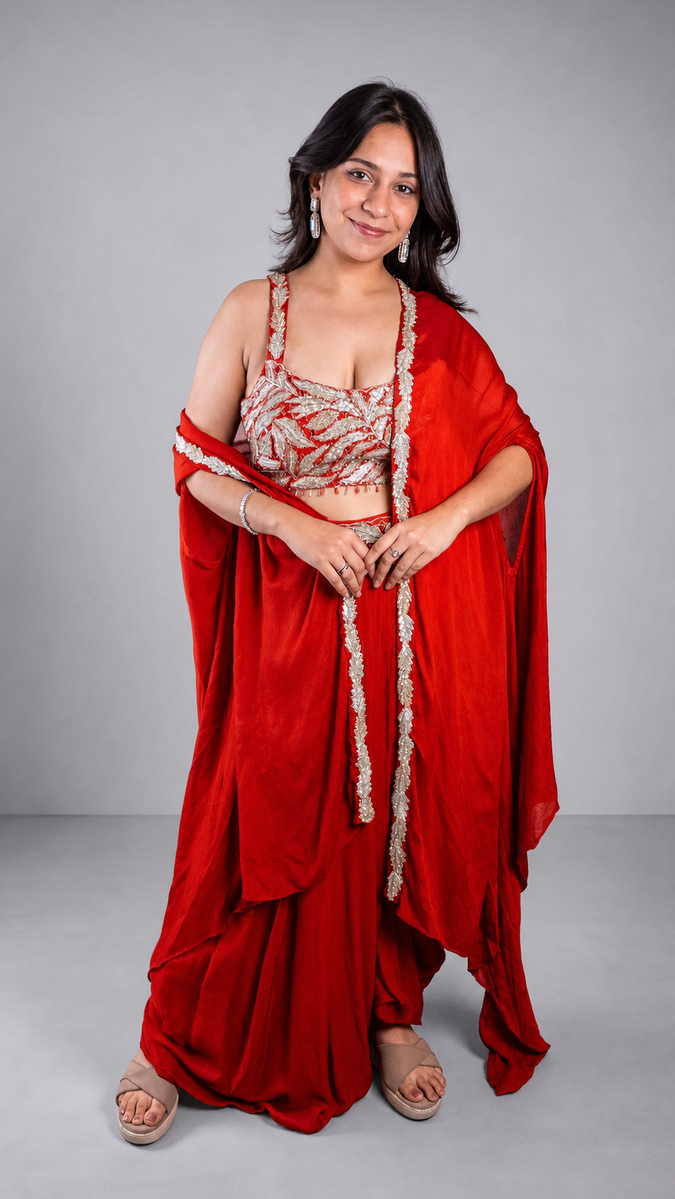 Orange Crepe Skirt Set With Zari Bustier and Cape