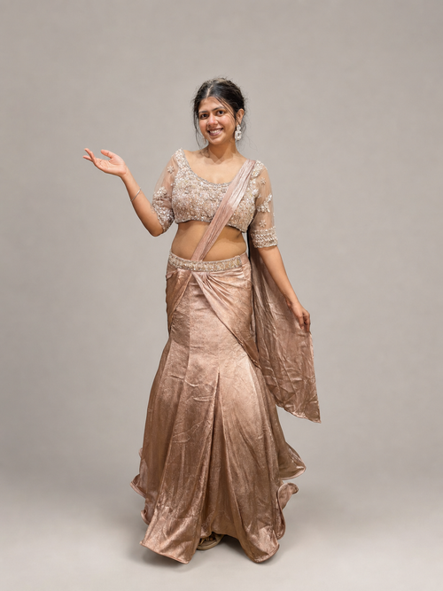 Champagne Shimmer Tissue Pre-Draped Mermaid Saree — front