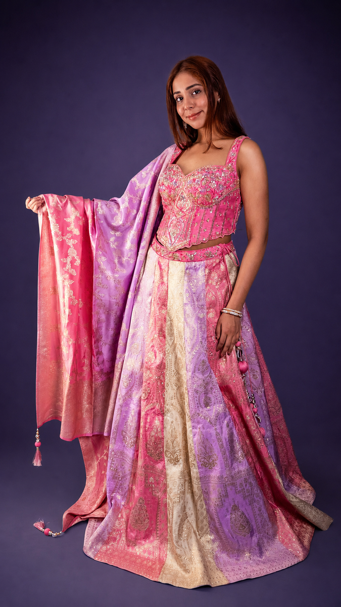 Ombré Brocade Kali Lehenga in Pink and Lilac