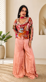 Peach Satin Palazzo Set With Embroidered Choker Jacket — view 1